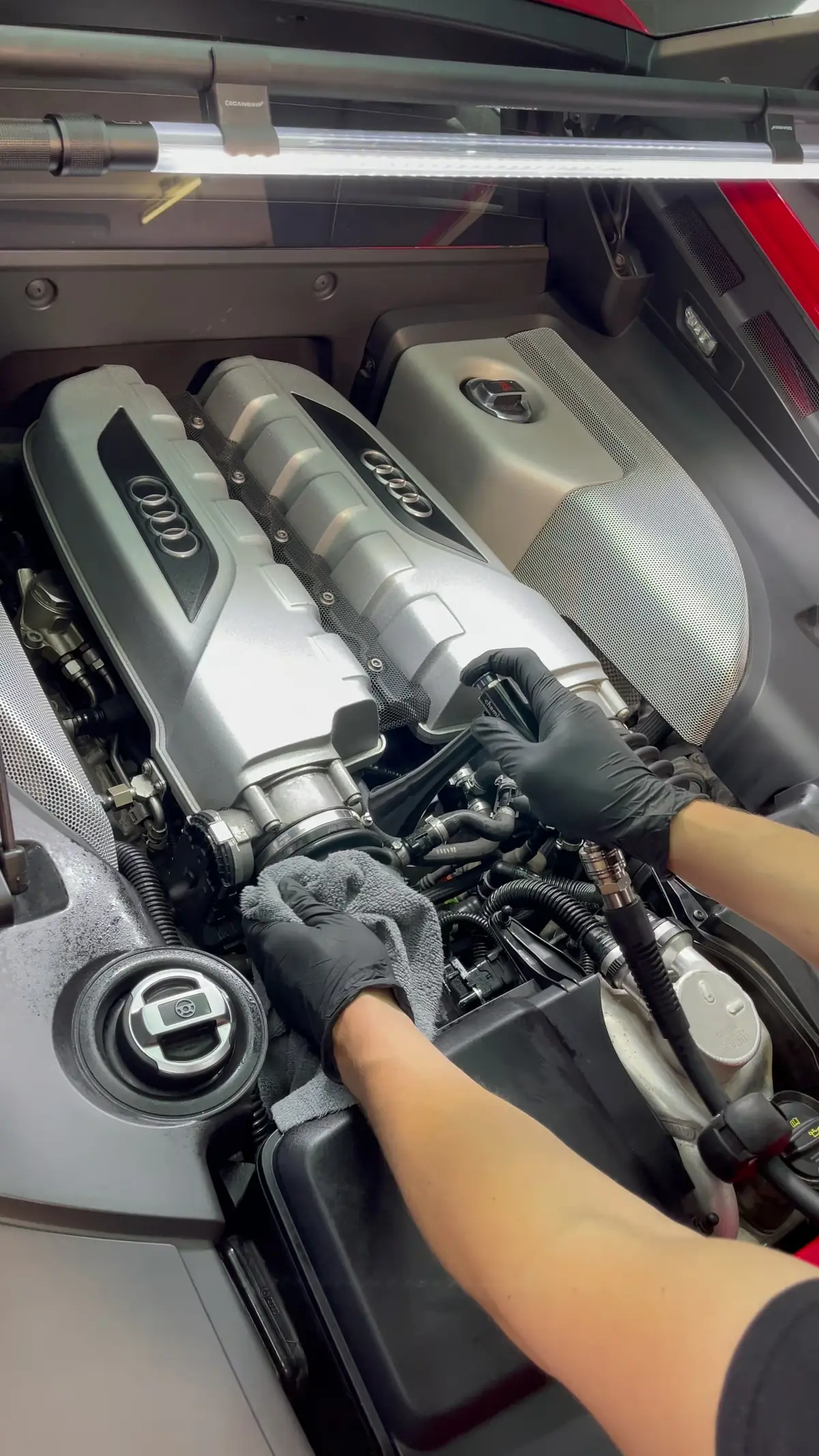 Arbeit im Motorraum eines Audi R8 V10 in unserer Werkstatt